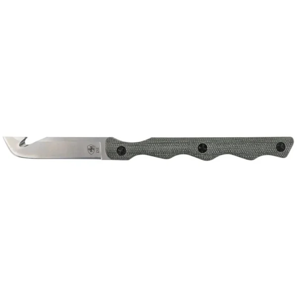 Templar Neck Knife, silver fixed blade with black textured handle, right-side view