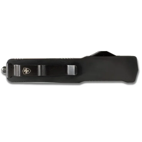 Templar Knives Premium Lightweight Slim black automatic knife, closed top view with pocket clip