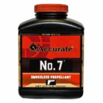 Accurate No. 7 handgun powder in front view, showing a black bottle with red cap and red label
