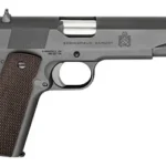 Springfield Mil-Spec parkerized pistol, left-side view with dark brown grip panels