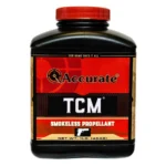 Accurate TCM Handgun Powder, front view of a black bottle with red cap and red label