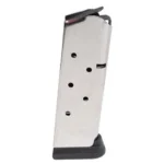Colt Combat Officer stainless magazine, front view with black bumper and feed lips
