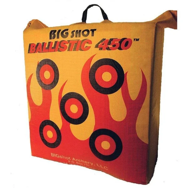 Big Shot Ballistic 450X Bag Target, front view of orange bag with five round targets and handle