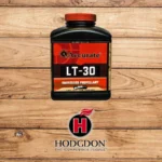 Accurate LT-30 Rifle Powder, black bottle front view with red cap and red label
