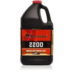 Accurate 2200 Rifle Powder, black handled jug with red cap and orange label in front view