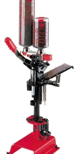 MEC The Sizemaster Reloader, front view with red base, black frame, clear bottle and red handle