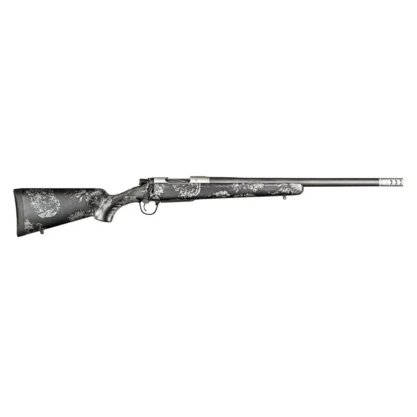 Christensen Arms Ridgeline FFT Rifle side view with mottled stock and silver action