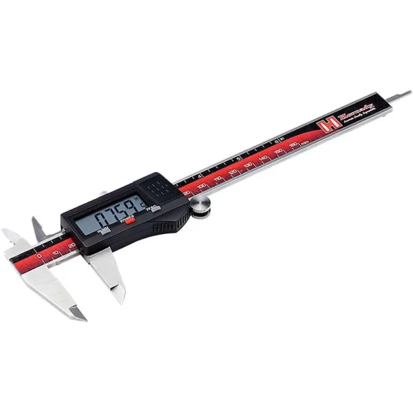 Hornady Digital Caliper, black and red caliper with silver jaws and digital display