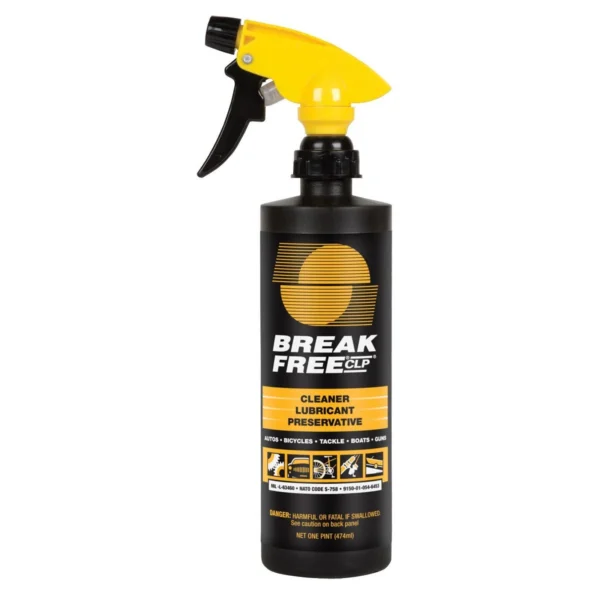 Break Free CLP Cleaner, front view of black spray bottle with yellow trigger and label
