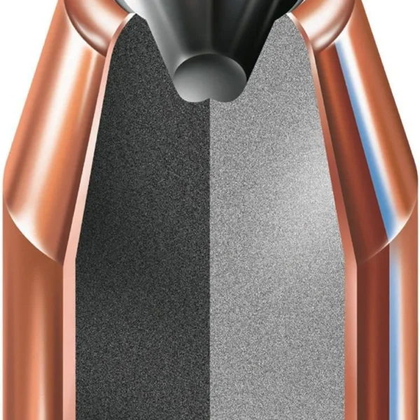 Hornady HAP Handgun Bullets, copper-coloured cutaway view showing hollow point and grey core