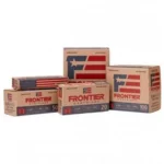 Hornady Frontier Rifle Ammunition, assorted tan retail boxes with red, blue and white graphics