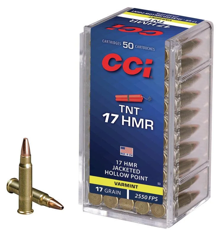 primary-31919 CCI TNT rimfire ammunition box in a clear case with two cartridges beside it