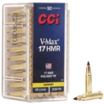 CCI Rimfire Ammunition .17 HMR, clear 50-round box with blue label and two loose cartridges