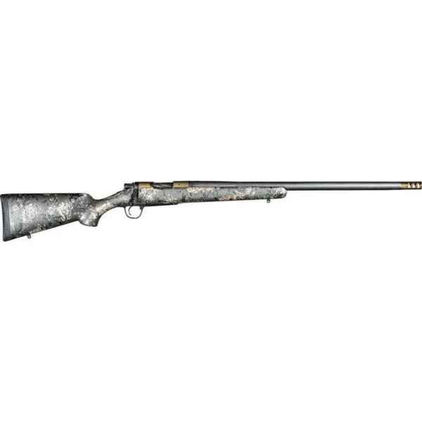 Christensen Arms Ridgeline FFT rifle, left side with gray camo stock and burnt bronze barrel