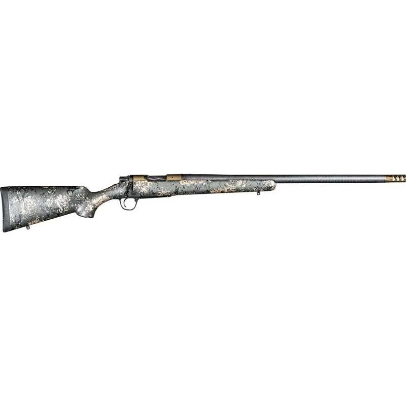 primary-320 Christensen Arms Ridgeline FFT rifle, left side with gray camo stock and burnt bronze barrel