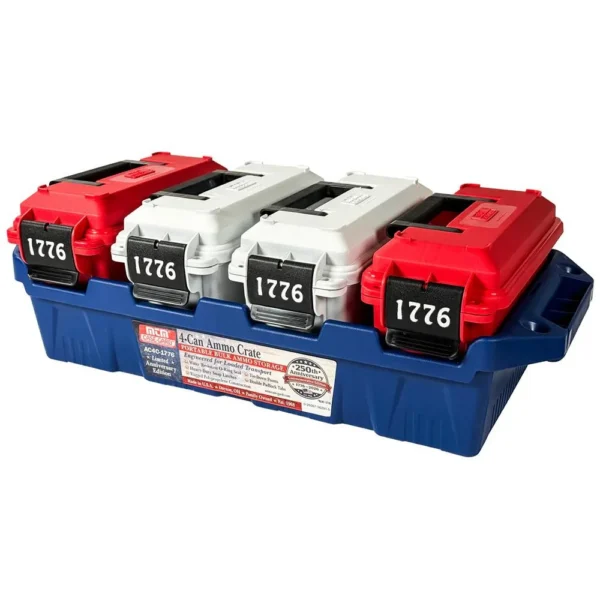 MTM Limited Edition 1776 Multi-Can Ammo Crate, blue tray with four red and white handled cans
