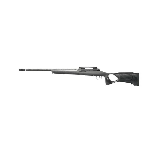 SAVAGE 110 KYLM V2 Rifle, left side view with black barrel, gray stock and thumbhole grip