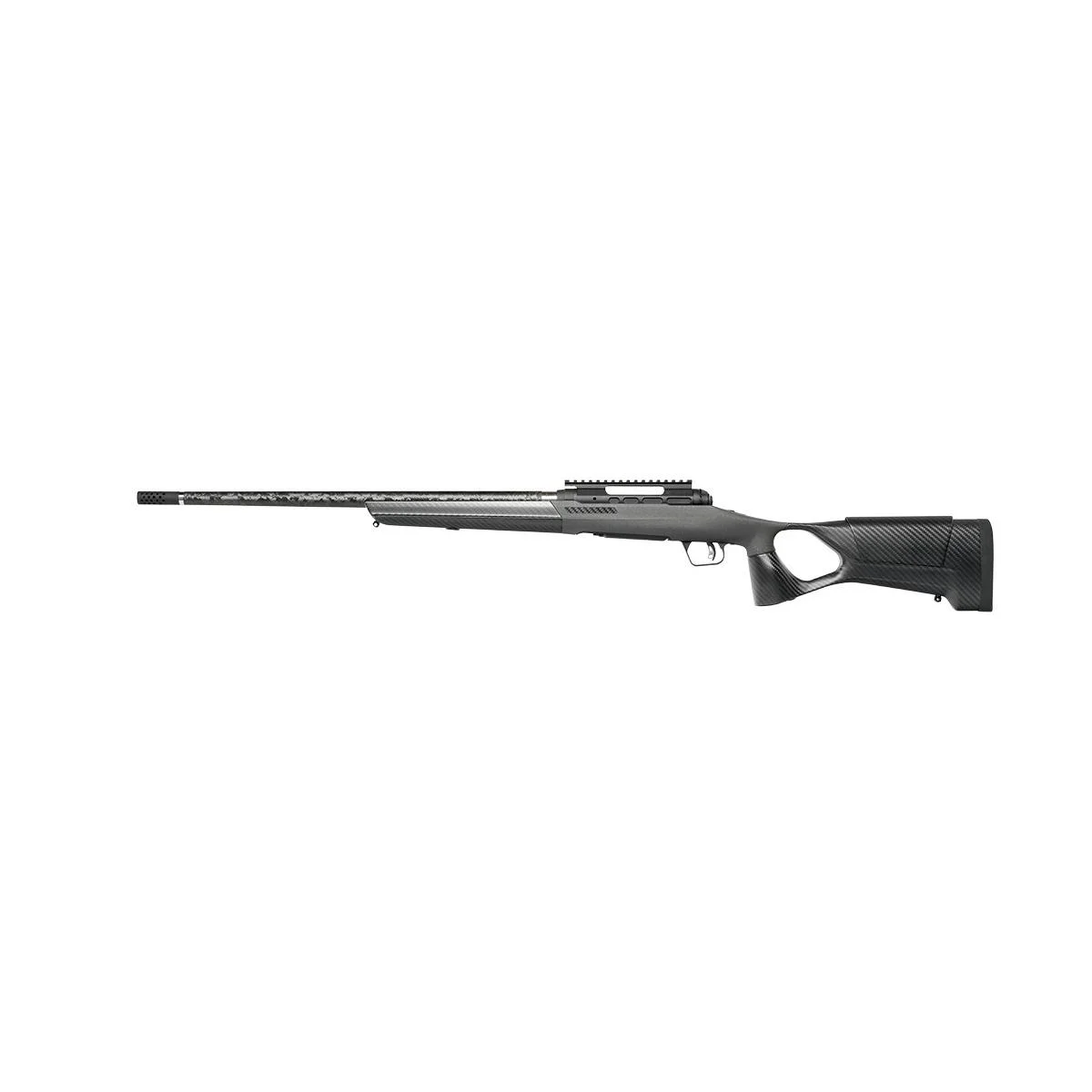 primary-32009 SAVAGE 110 KYLM V2 Rifle, left side view with black barrel, gray stock and thumbhole grip