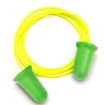 Pyramex DP1201 bright green corded ear plugs with yellow cord, angled view