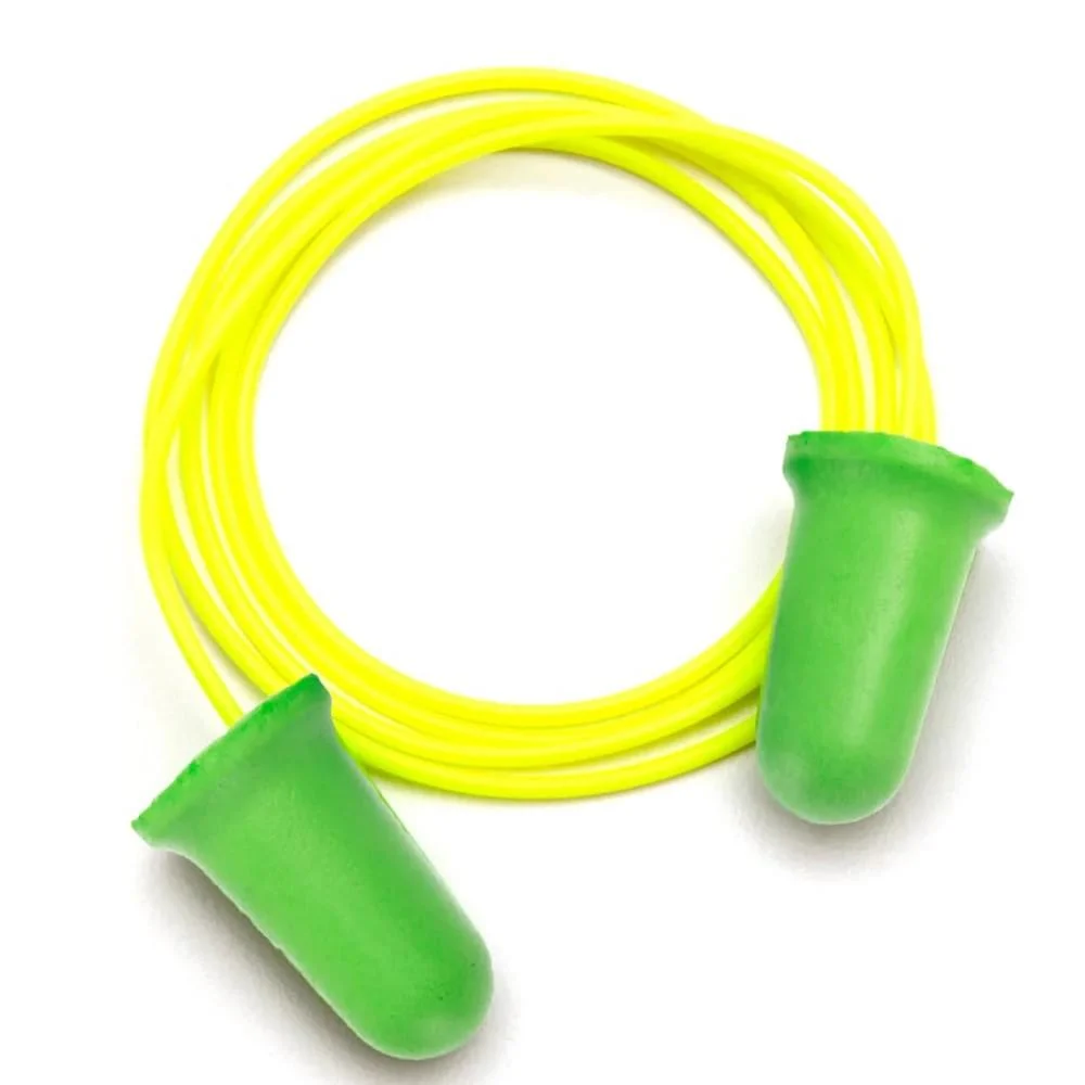 primary-32051 Pyramex DP1201 bright green corded ear plugs with yellow cord, angled view