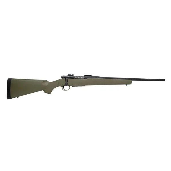 Mossberg Patriot Rifle, right-side view with OD green stock, black scope and blued barrel