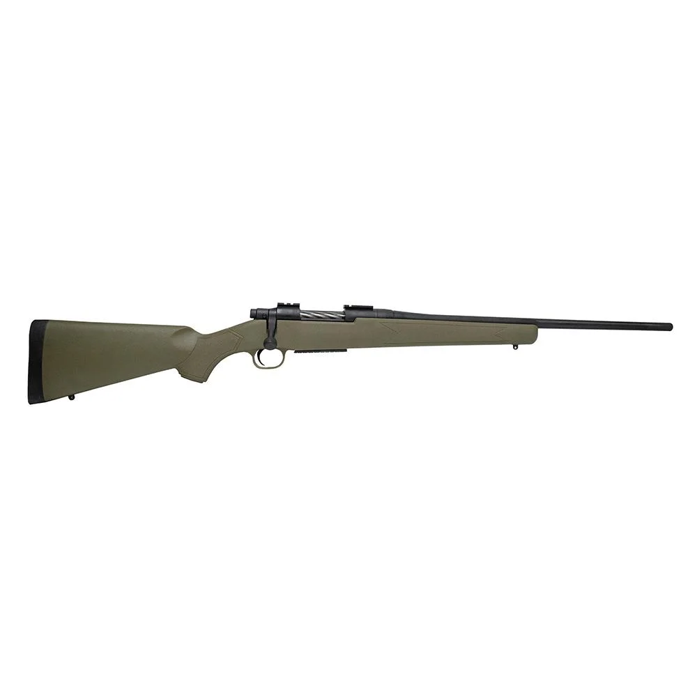 primary-32058 Mossberg Patriot Rifle, right-side view with OD green stock, black scope and blued barrel