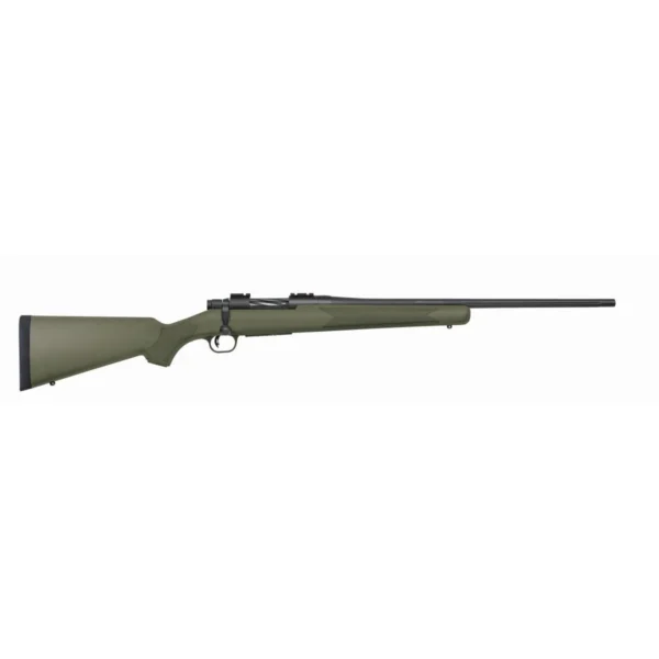 Mossberg Patriot Rifle, right-side profile with OD green stock, black action and long barrel