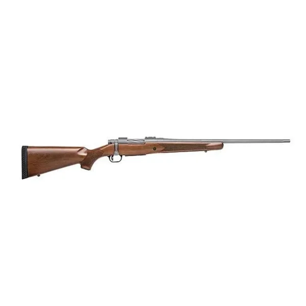 Mossberg Patriot Rifle, right-side profile with walnut stock and silver-toned action and barrel
