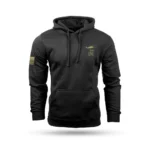 Nine Line American Camo Hooded Sweatshirt, black front view with hood, pouch and sleeve patch