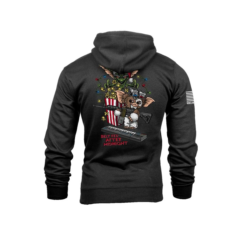 primary-32116 Nine Line Belt Fed black hooded sweatshirt, front view with colorful chest graphic and sleeve flag
