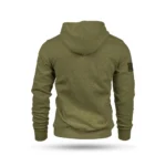 Nine Line Tactical Wiener Hooded Sweatshirt, olive rear view with hood and sleeve flag patch