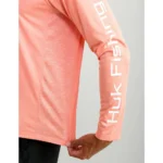 Huk Vented Pursuit Long Sleeve Shirt, fresh salmon heather sleeve and side view with white logo