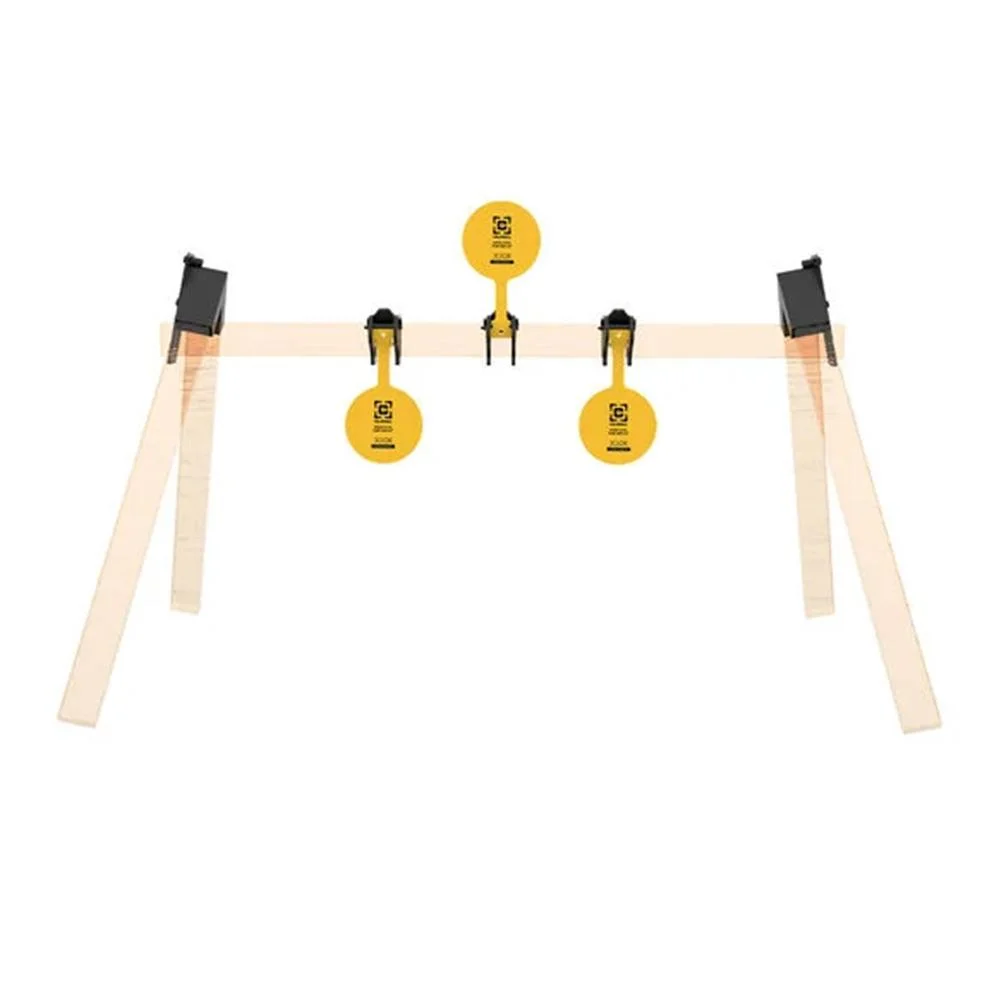 primary-32334 AOB Caldwell AR500 Plate Rack Kit front view with black crossbar, wood legs and yellow targets