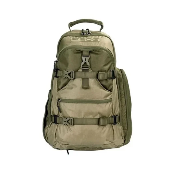 AOB Bog Prevail Everyday Pack tan backpack with front pockets, straps and top handle, front view