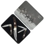 Old Timer Knife Combo Tin, open metal tin displaying fixed and folding knives