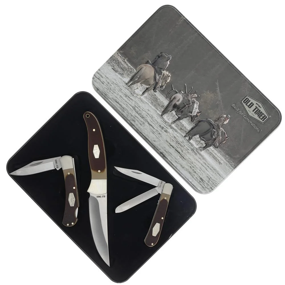 primary-32348 Old Timer Knife Combo Tin, open metal tin displaying fixed and folding knives