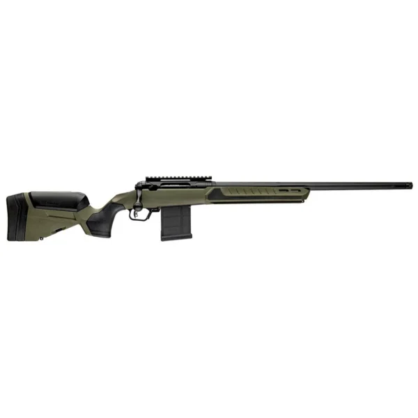 Savage 110 Core Hunter Predator rifle, side view with green stock, black barrel and magazine