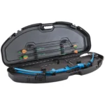 Plano Ultra Compact Bow Case, open black case with blue compound bow and arrows visible