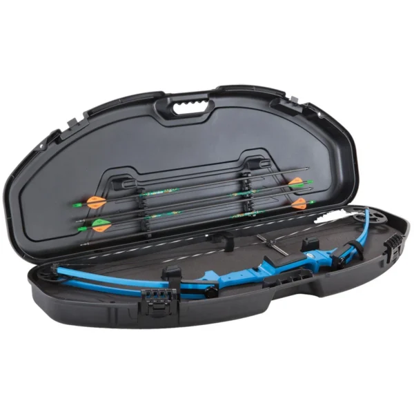 Plano Ultra Compact Bow Case, open black case with blue compound bow and arrows visible