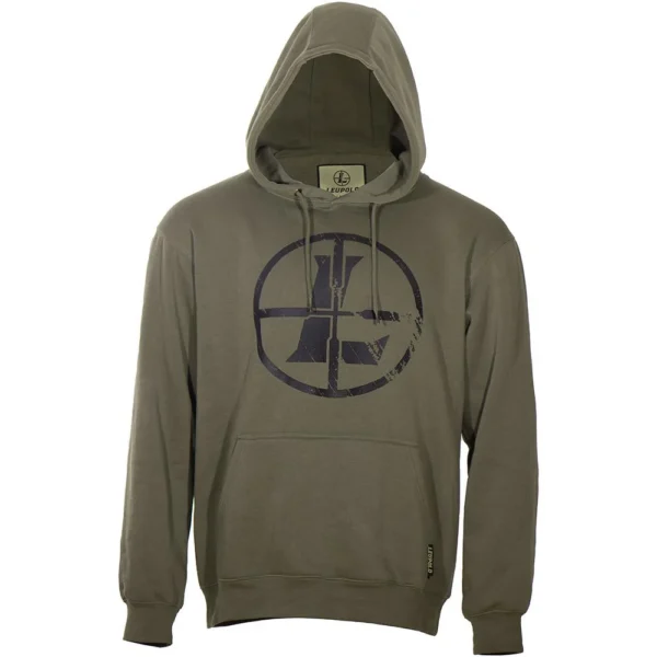 Leupold Distressed Reticle Hoodie, ash green front view with hood, drawstrings and logo