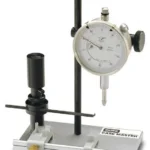 RCBS Case Master Gauging Tool, silver base with vertical dial indicator and black posts