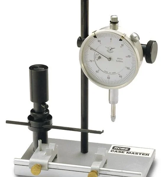 RCBS Case Master Gauging Tool, silver base with vertical dial indicator and black posts