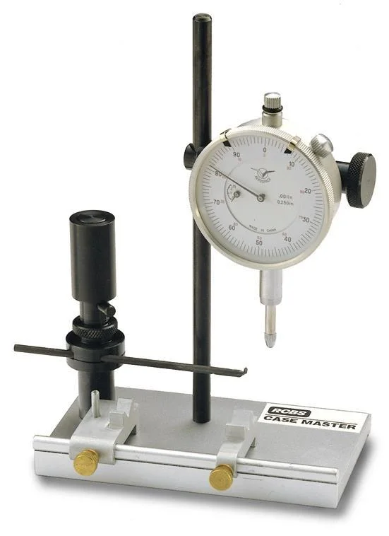 primary-32422 RCBS Case Master Gauging Tool, silver base with vertical dial indicator and black posts