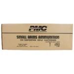 PMC Bronze Rifle Ammunition, front view of a tan cardboard ammunition case