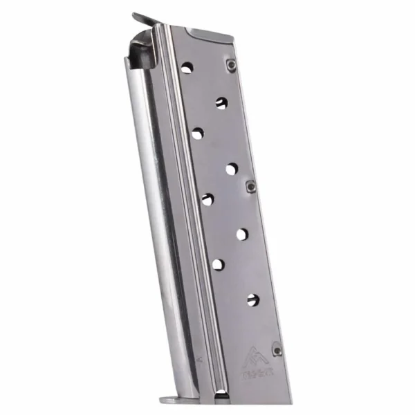 MEC-GAR 1911 handgun magazine, nickel angled side view with witness holes