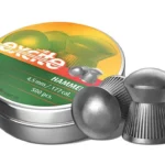 Hatsan Excite Hammer Pellets, silver tin with green label and three dark gray domed pellets
