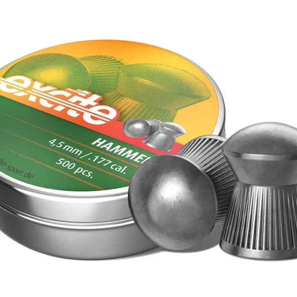 Hatsan Excite Hammer Pellets, silver tin with green label and three dark gray domed pellets