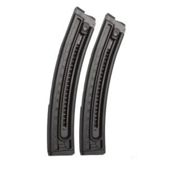 American Tactical Inc-ATI ATI GSG GSG-16 rifle magazines, front view of two curved black magazines