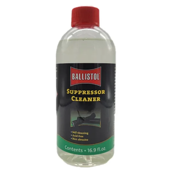 Ballistol Suppressor Cleaner, front view of clear bottle with red cap and black label