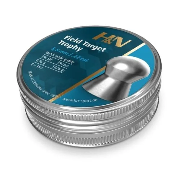 Hatsan H&N Field Target Trophy Ammo, closed silver tin with teal label and pellet graphic
